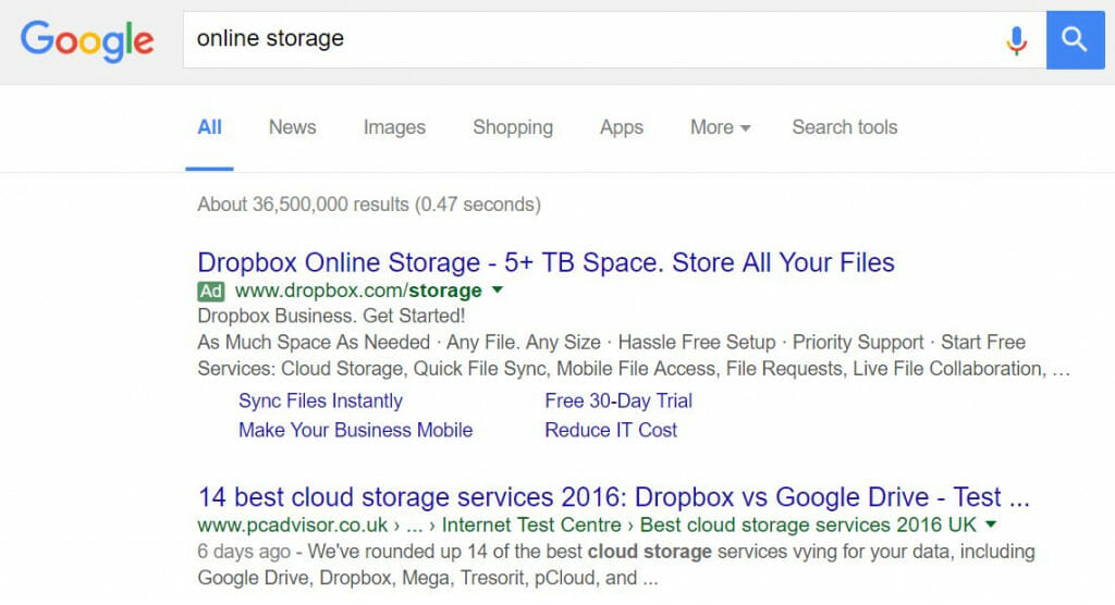 Dropbox PPC Search Advert