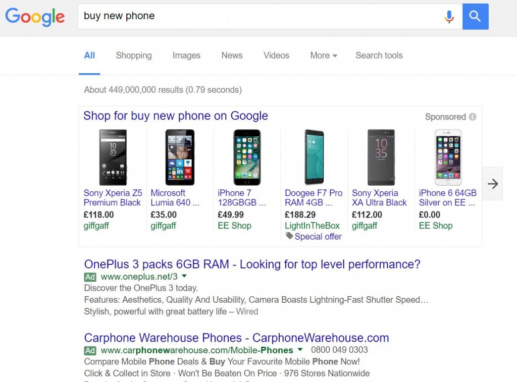 OnePlus PPC Search Advert