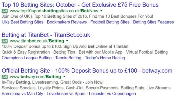 Examples of site link extensions used in search adverts