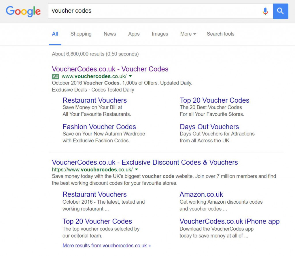 VoucherCodes PPC Search Advert