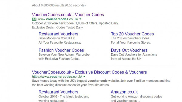 VoucherCodes PPC Search Advert