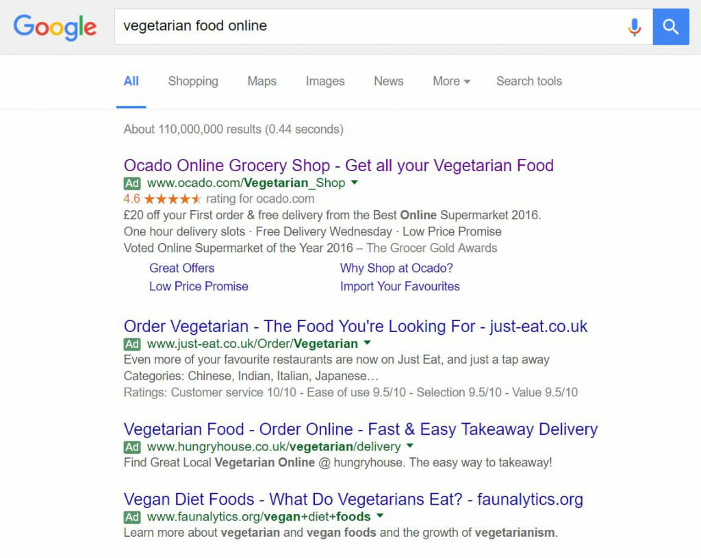 Ocado PPC Search Advert