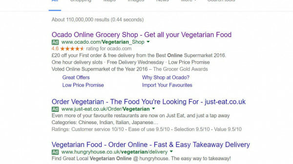 Ocado PPC Search Advert