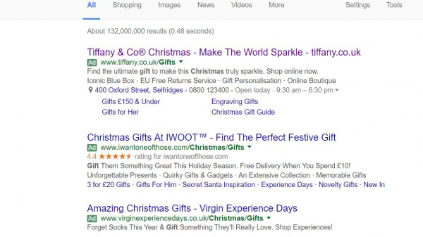 Tiffany and Co PPC Search Advert