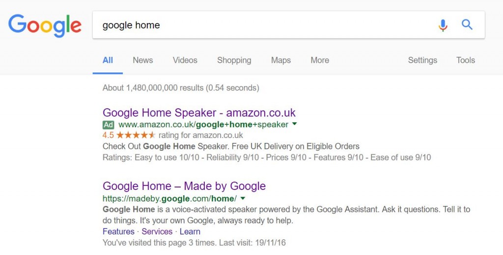 Google Home PPC Search Advert