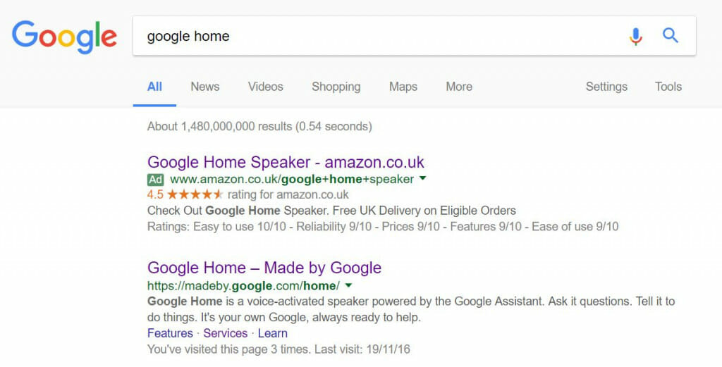 Google Home PPC Search Advert