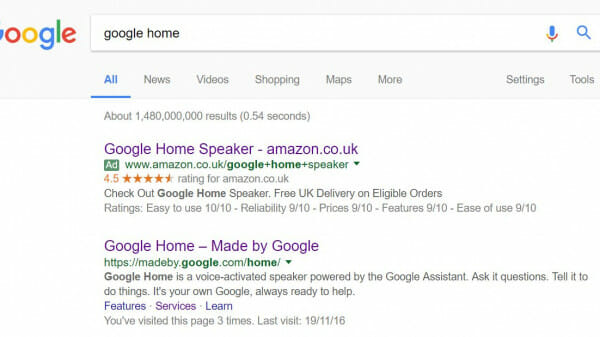 Google Home PPC Search Advert