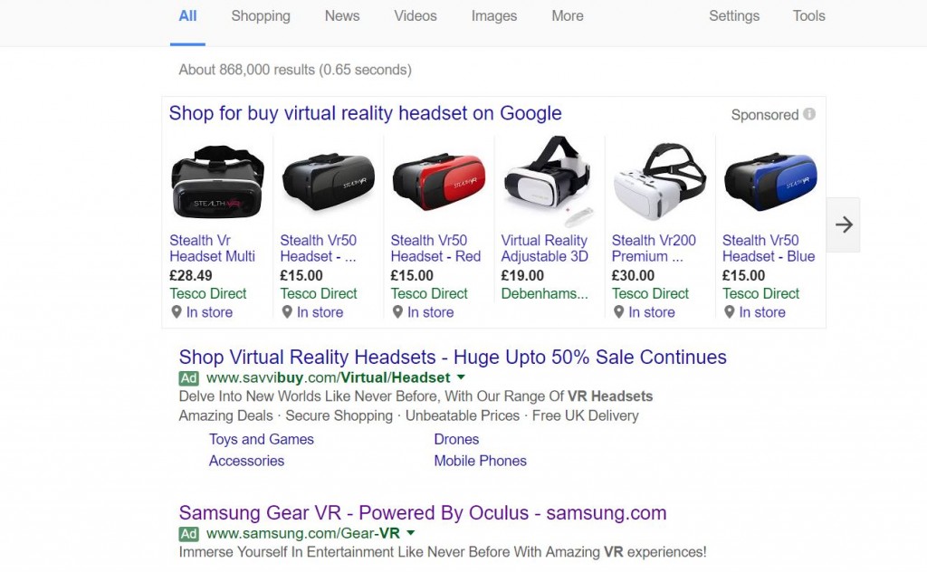 Samsung Gear VR PPC Search Advert