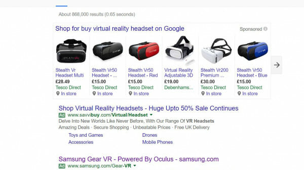 Samsung Gear VR PPC Search Advert