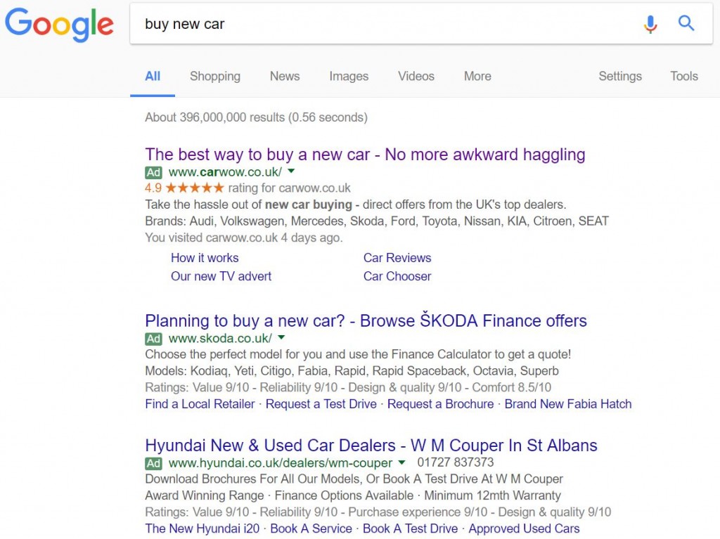 Carwow PPC search advert