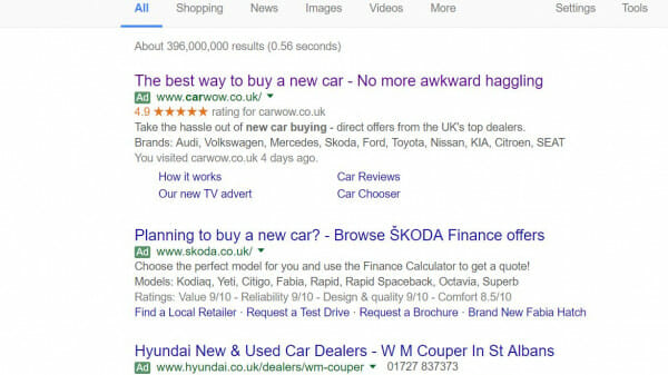 Carwow PPC search advert