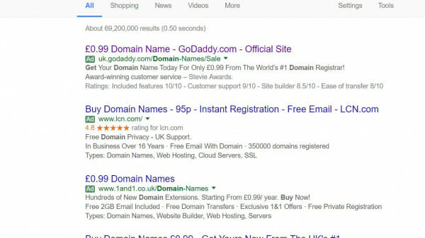 GoDaddy PPC Search Advert