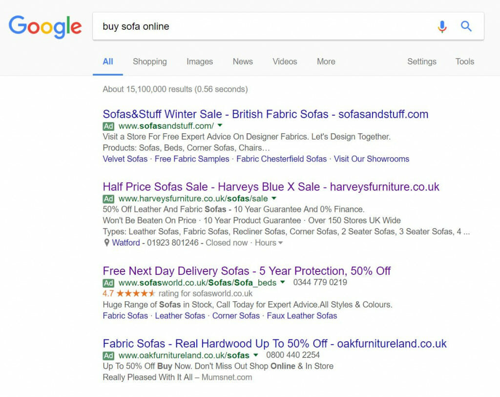 Harvey Furniture PPC search advert