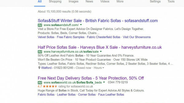 Harvey Furniture PPC search advert