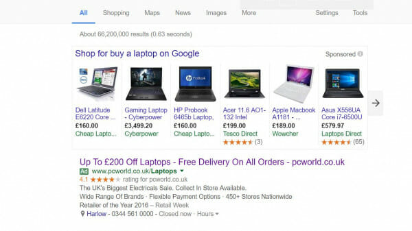 PC World PPC search advert