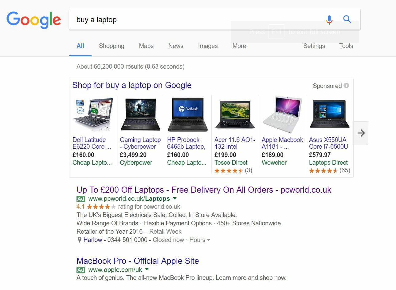 PC World PPC search advert