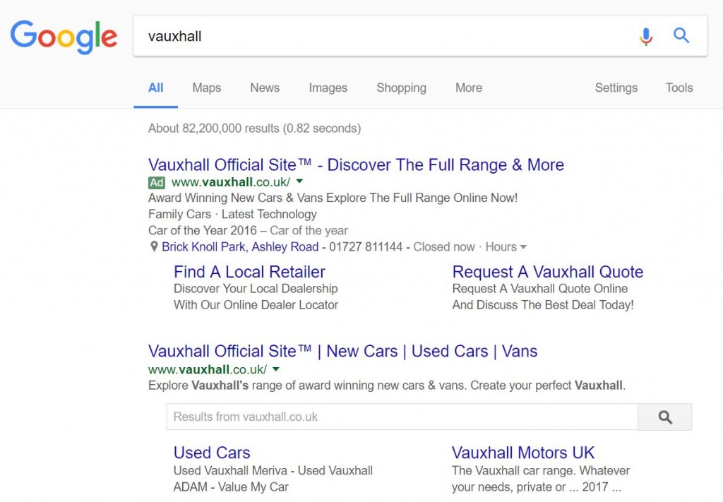 Vauxhall PPC Search Advert