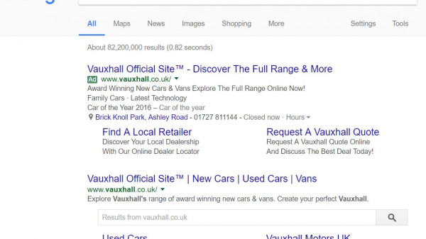 Vauxhall PPC Search Advert