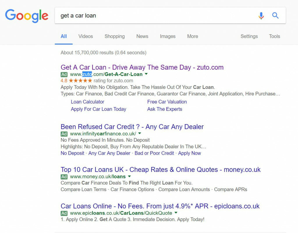 Zuto PPC search advert