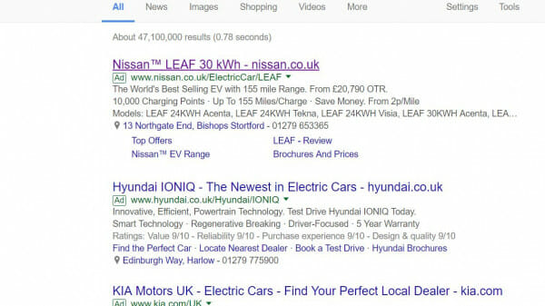 Nissan Leaf PPC Search advert