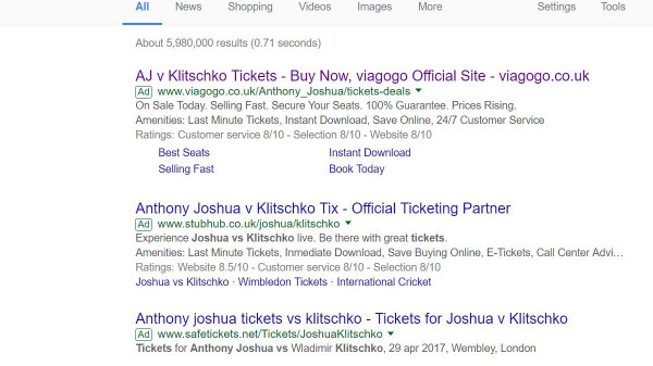 Viagogo PPC Search advert