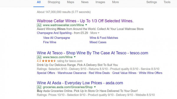 Waitrose Cellar PPC search advert