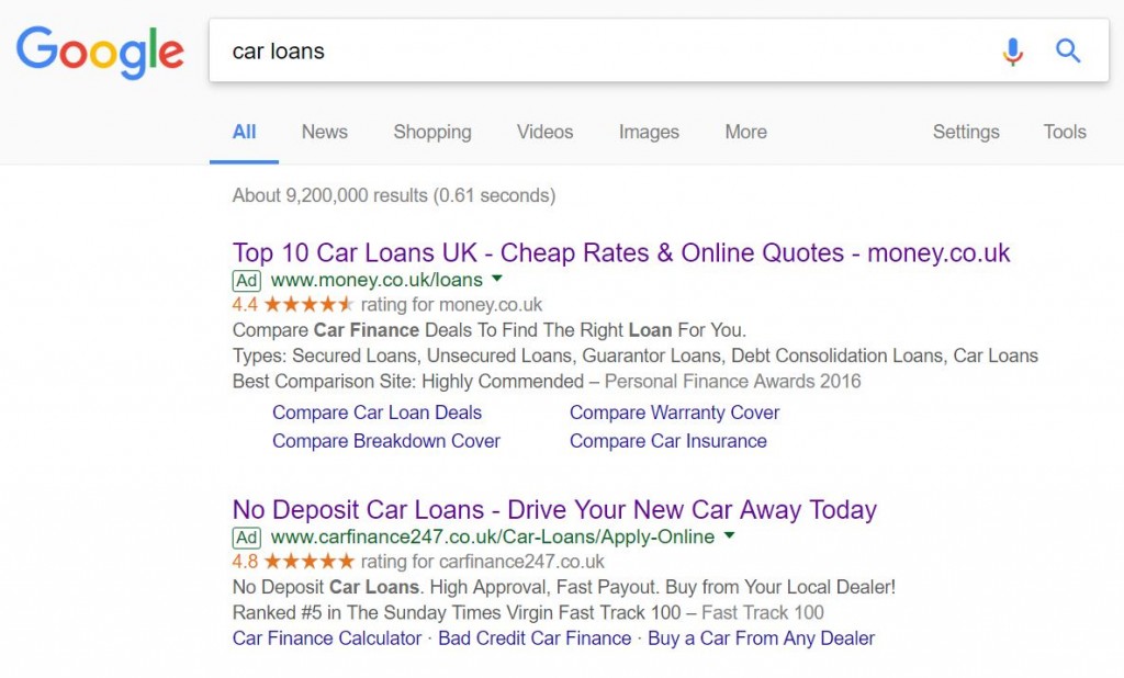 CarFinance247 PPC search advert