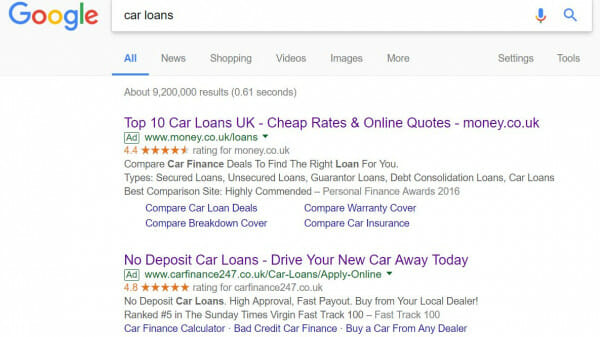 CarFinance247 PPC search advert