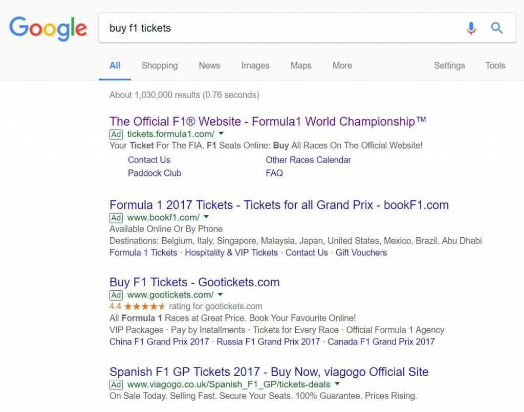 Formula 1 PPC search advert