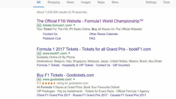 Formula 1 PPC search advert