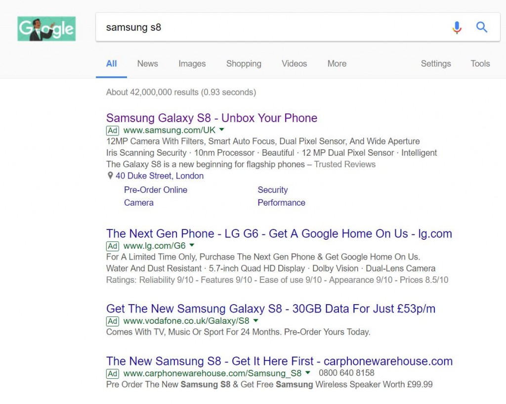 Samsung S8 PPC search advert