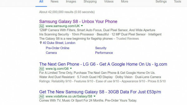 Samsung S8 PPC search advert