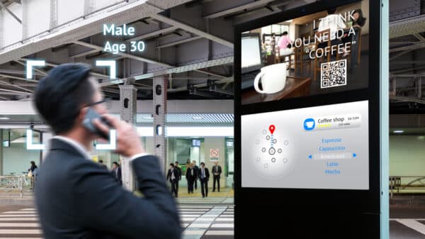 Intelligent Digital Signage , Augmented reality marketing and face recognition concept. Interactive artificial intelligence digital advertisement navigator direction for retail coffee shop.