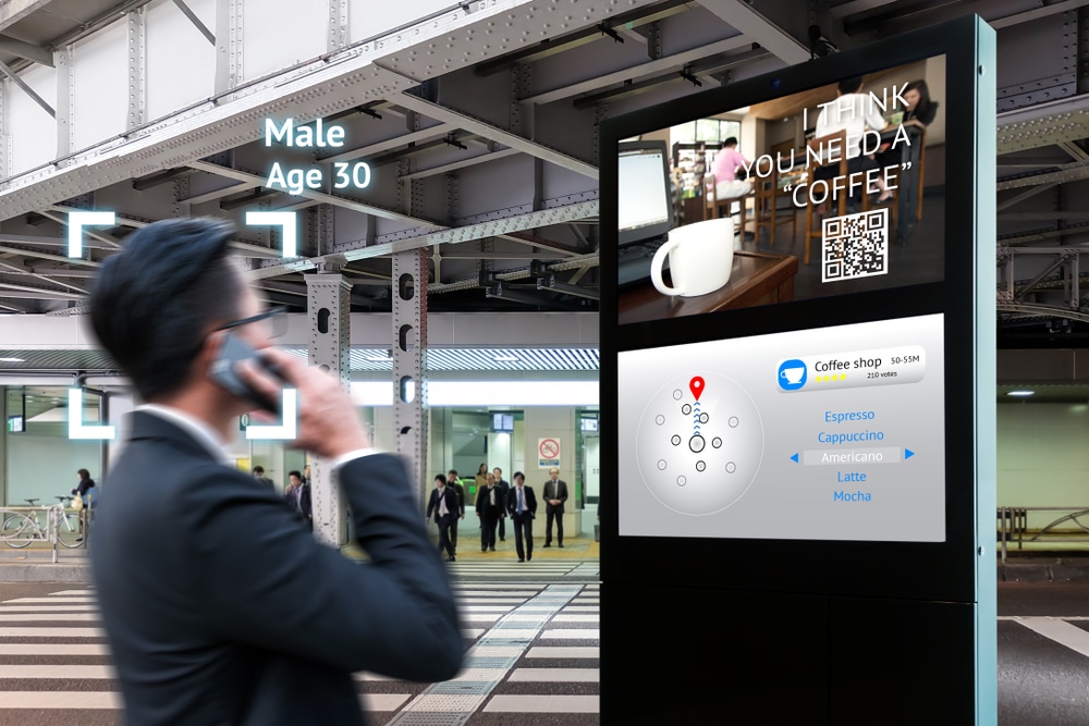 Intelligent Digital Signage , Augmented reality marketing and face recognition concept. Interactive artificial intelligence digital advertisement navigator direction for retail coffee shop.