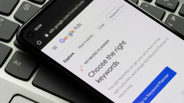 Webpage of Google Ads Keyword Planner is seen on a Google Pixel smartphone. Keyword Planner is a feature within Google Ads for building strong key word lists