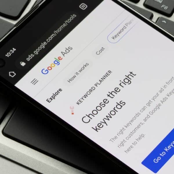 Webpage of Google Ads Keyword Planner is seen on a Google Pixel smartphone. Keyword Planner is a feature within Google Ads for building strong key word lists