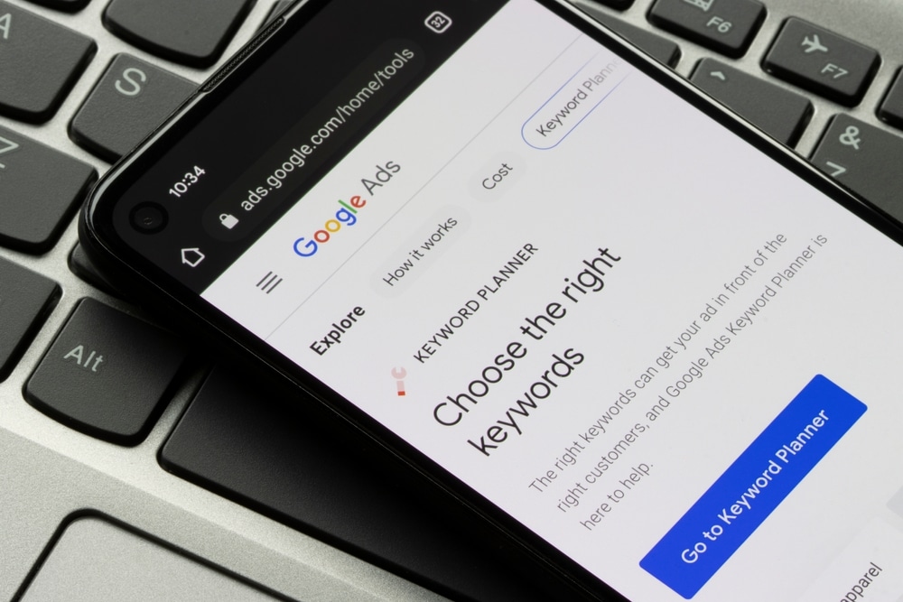 Webpage of Google Ads Keyword Planner is seen on a Google Pixel smartphone. Keyword Planner is a feature within Google Ads for building strong key word lists